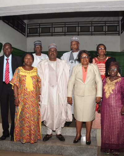 Chairman, NABTEB 10th Governing Board, Prof. Bem Angwe (middle, front row); Registrar/Executive, NABTEB, Prof. Ifeoma M. Isiugo-Abanihe (2nd right) and other members of the Governing Board pose for a group photograph shortly after the maiden meeting with the Management and Staff of NABTEB on Wednesday, 20th October, 2021, at NABTEB national headquarters in Benin City.