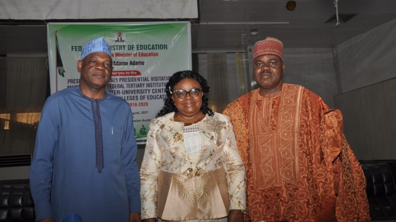 Permanent Secretary, Federal Ministry of Education, Arc. Sunday S.T. Echono (left); Chairman, NABTEB 10th Governing Board, Prof. Bem Angwe (right) and Registrar/Chief Executive, NABTEB, Prof. Ifeoma M. Isiugo-Abanihe, at the inauguration of the new NABTEB Governing Board on Tuesday, 31st August, 2021, in Abuja.