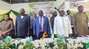 Representative of the Hon. Minister of Education, Mr. Kolawole Osundeyi (2nd right); Registrar/Chief Executive Officer, National Business and Technical Examinations Board (NABTEB), Dr. Mohammed Aminu Mohammed (2nd left); Board Member and Team Lead of the Uganda Vocational and Technical Assessment Board (UVTAB) delegation on Benchmarking Visit to NABTEB, Engr. Albert Akovuku (left); and Director, Examinations Administration, NABTEB, Ms. Chigoziem Susan Metu during the recitation of the national anthems of both Nigeria and Uganda at the opening ceremony of the Benchmarking exercise on Monday, 20th April, 2026, at NABTEB national headquarters in Benin City, Nigeria